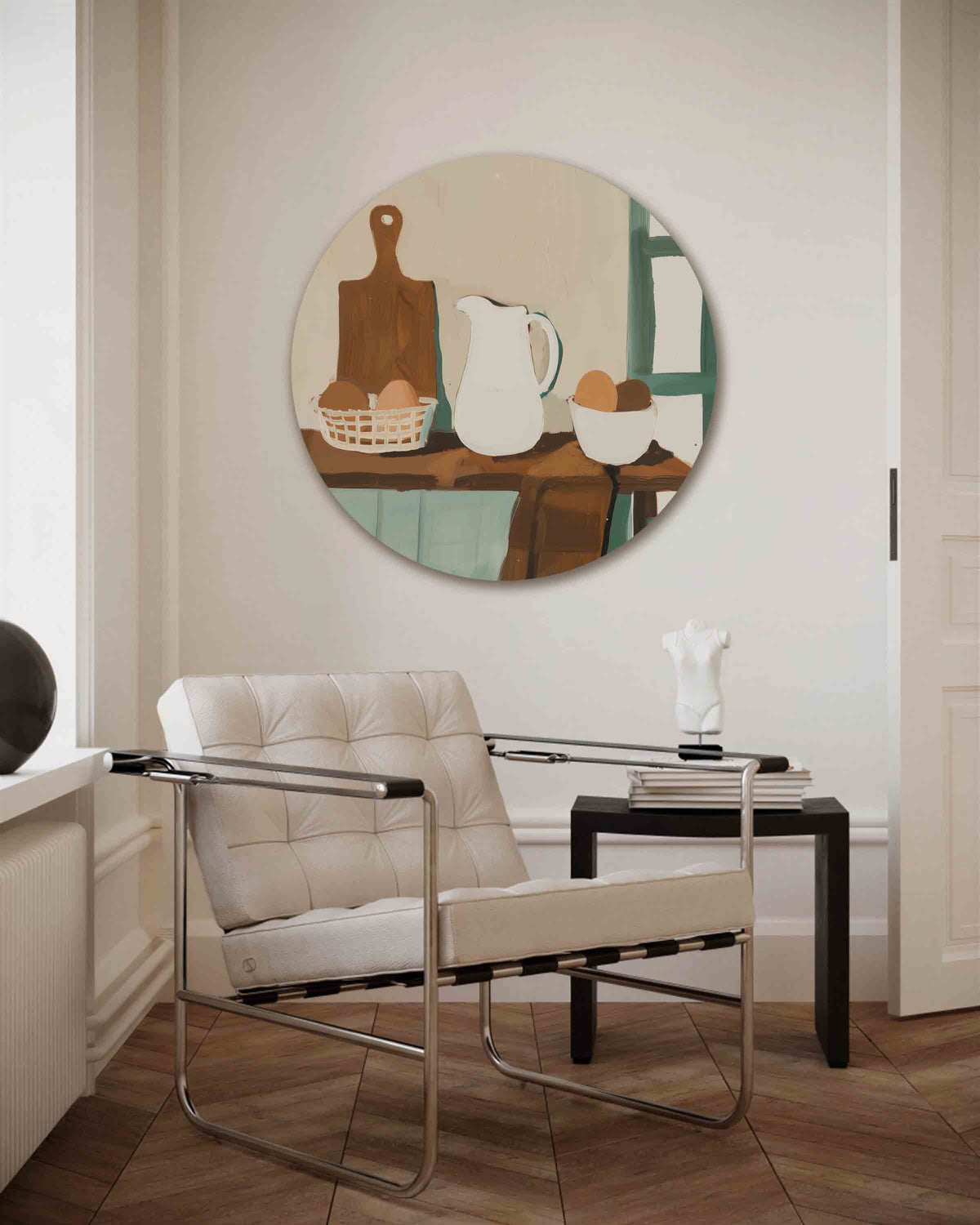 Stilleven met kan en eieren – kleurrijke muurcirkel als ronde wanddecoratie