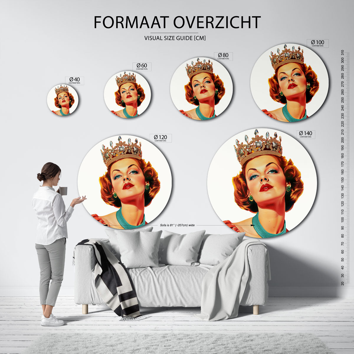 Koningin met kroon – kleurrijke ronde muurdecoratie in Pop Art stijl
