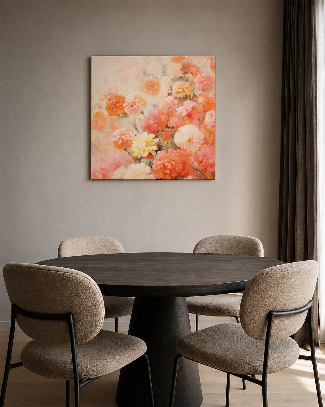 Bloemenexplosie kunstwerk – derde productweergave – dit werk toont een overvloed aan bloemen in warme tinten. De compositie