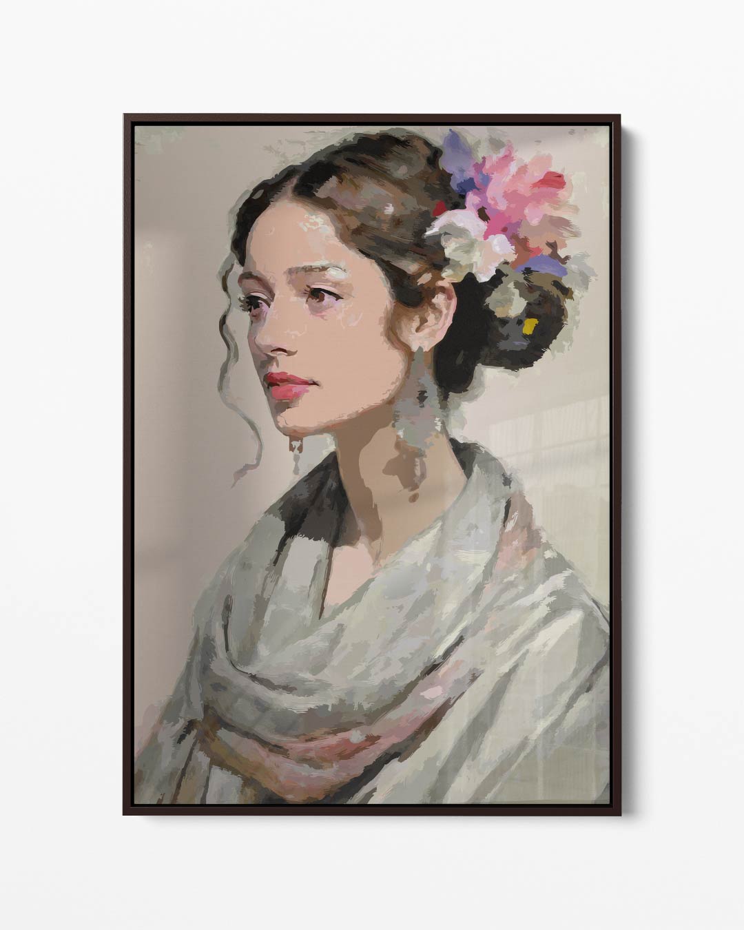 Vrouw met Bloemmotief – portret kunstwerk als wanddecoratie