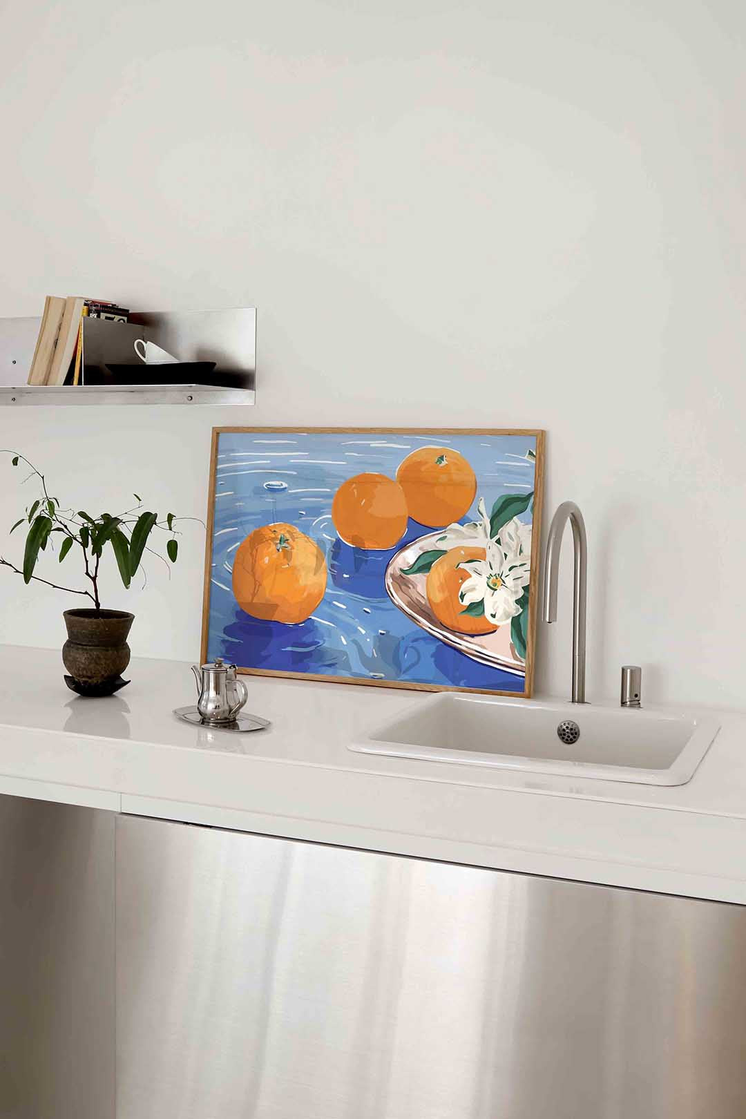 Sinaasappels op blauw – keukenposter in liggend formaat
