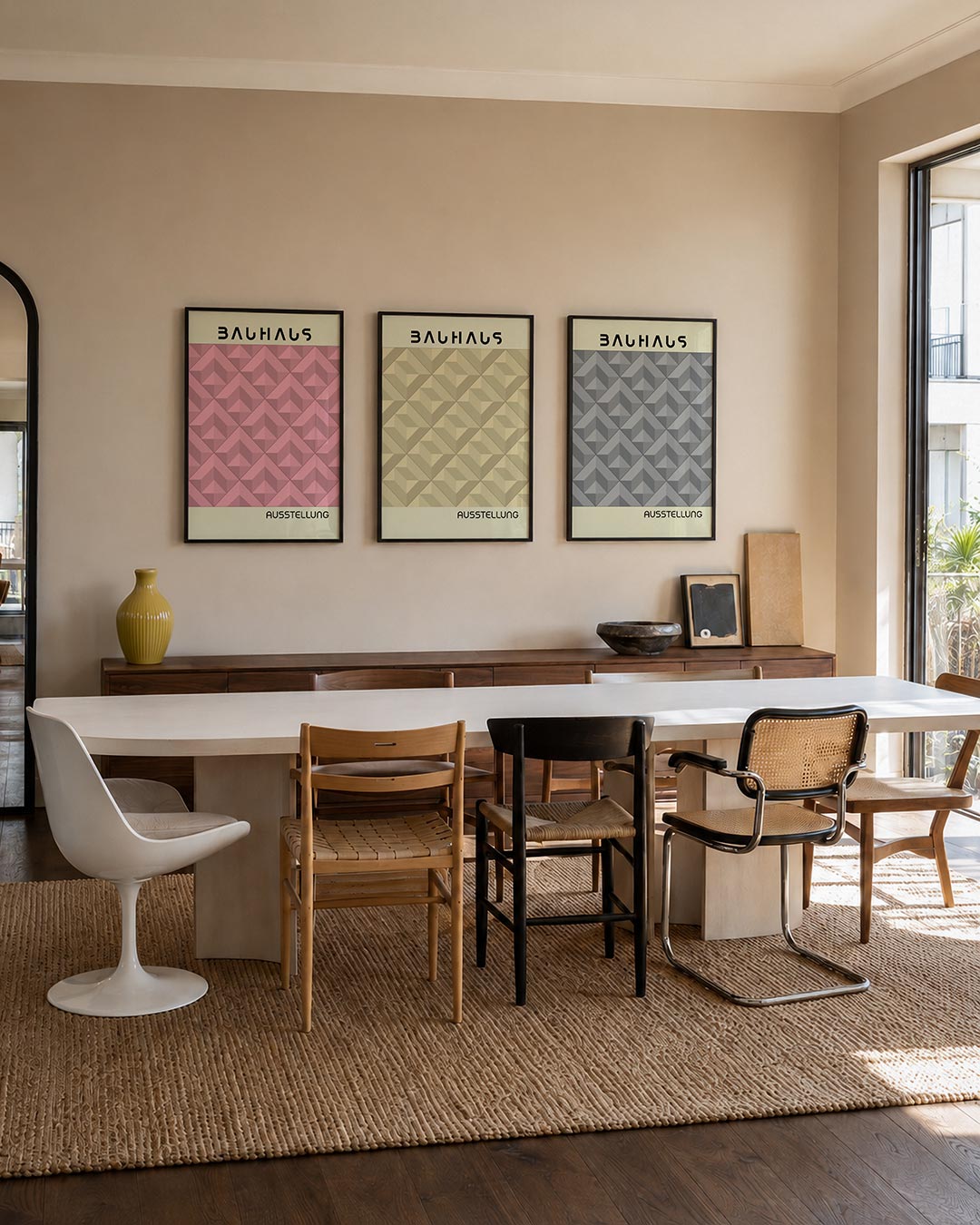 Vorm en kleur driedelige posterset – deze posterset in drie delen toont een ritmisch patroon van roze en beige vlakken. De