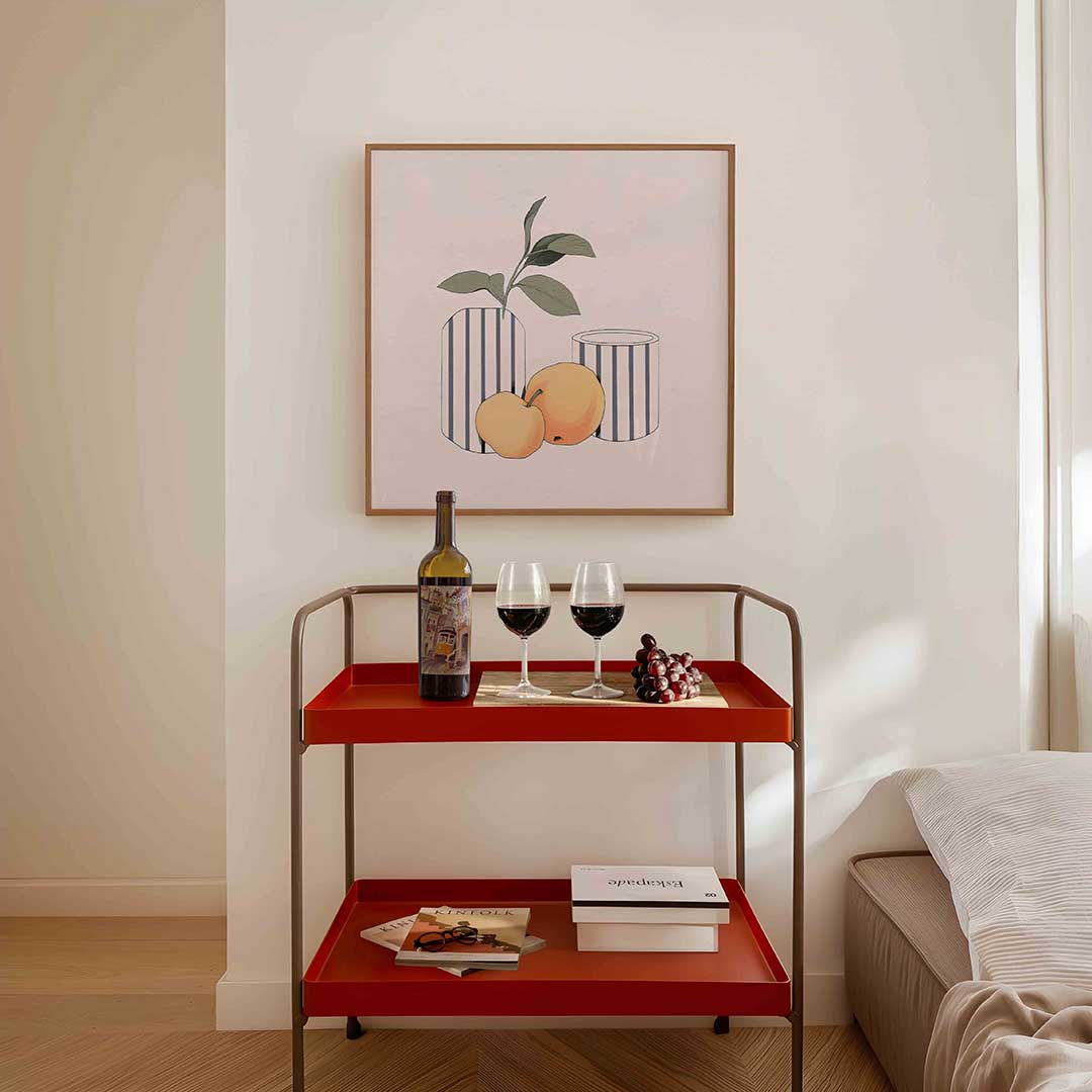 Gestreepte vazen met fruit – vierkante keuken wanddecoratie van WallArtistic