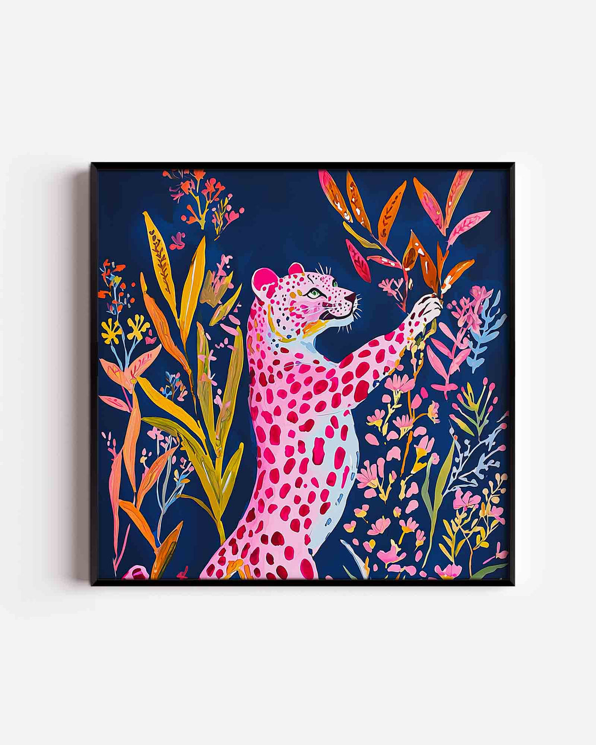 Roze luipaard met bloemen – vierkante dierenposter als wanddecoratie