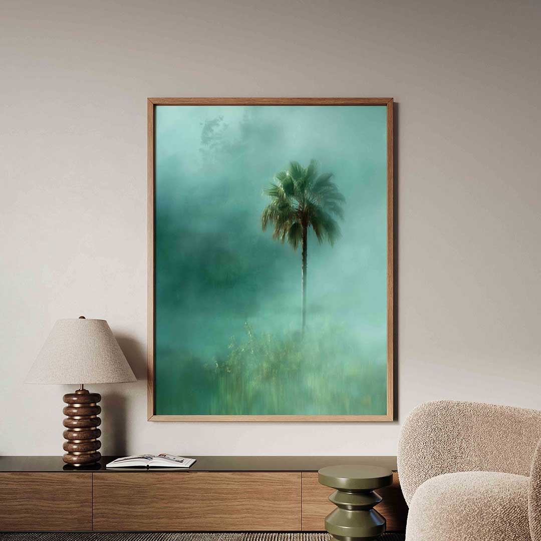Palmboom in mist – tropische jungle poster in staand formaat