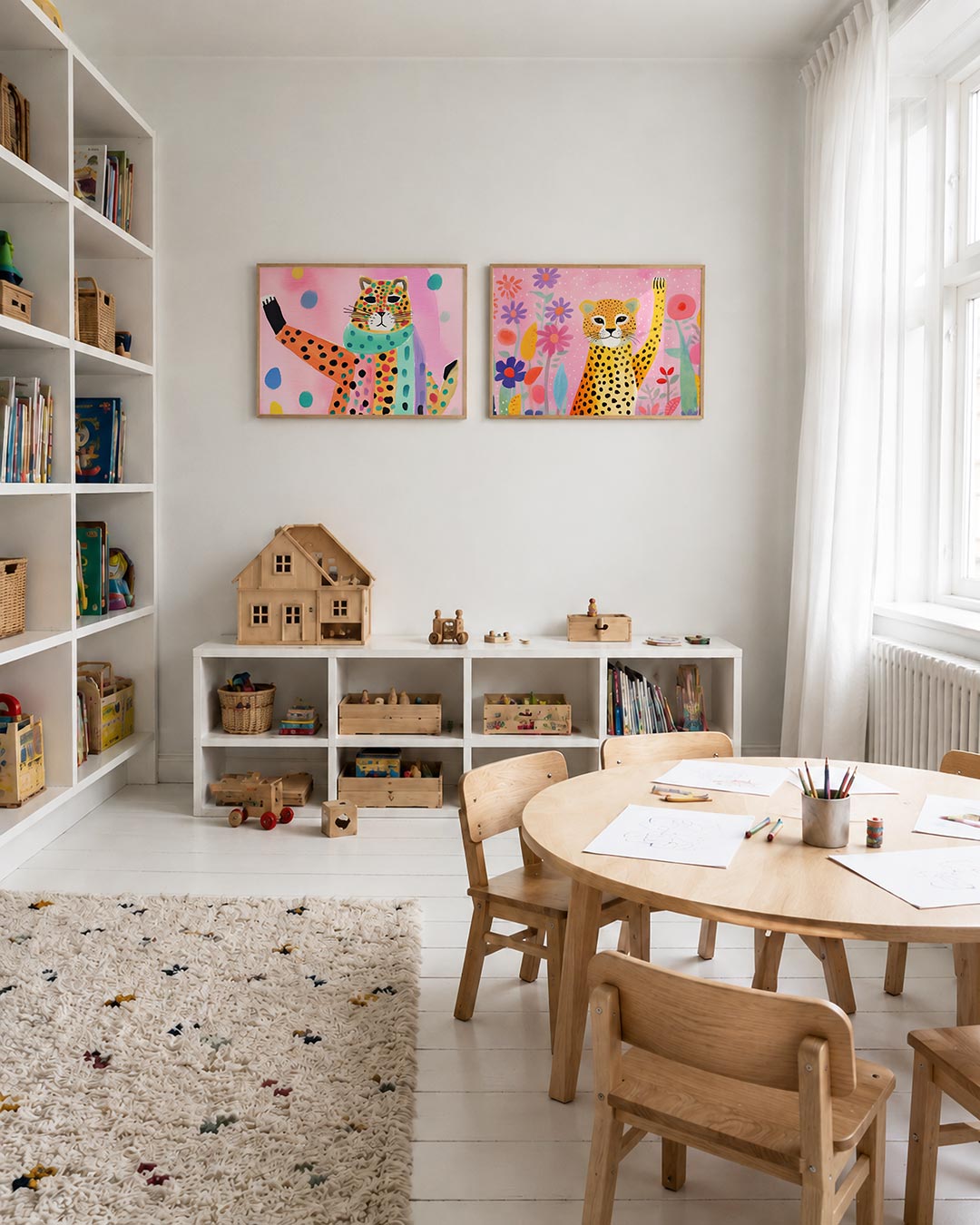 Interieurpresentatie van twee posters met een kleurrijke kat met stippen en strepen op een roze achtergrond