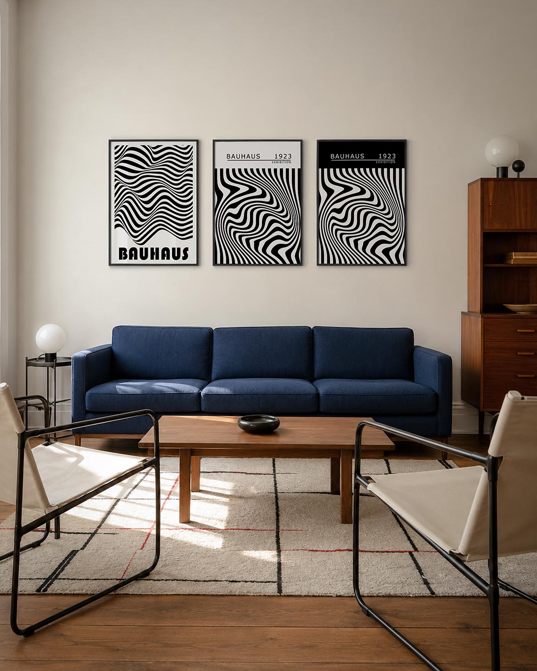 Golvend lijnenspel driedelige posterset – deze posterset toont vloeiende zwarte en witte lijnen die golven en draaien, met