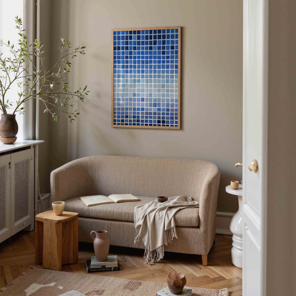 Blauwe vierkanten – botanische poster in staand formaat