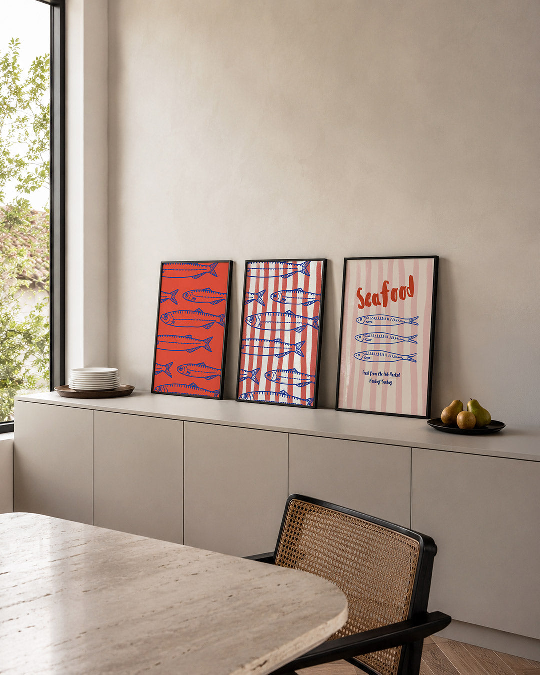 Vissenpatroon posterset – detailweergave – deze posterset in drie delen toont een levendig patroon van