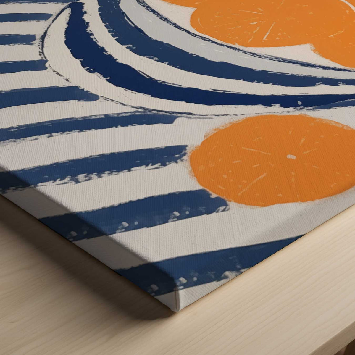 Zonnige Sinaasappels in Streepjesland – canvas kunstwerk als wanddecoratie