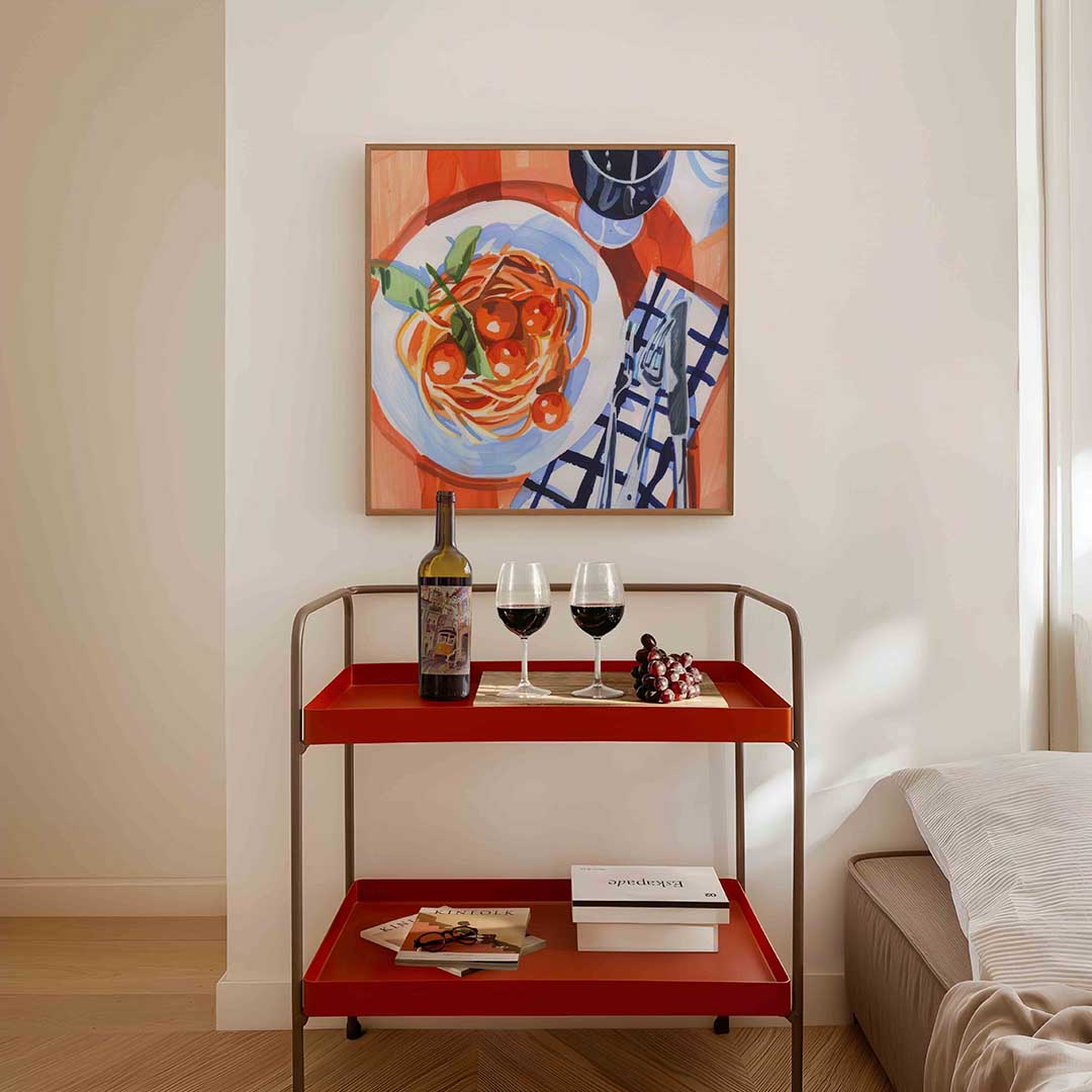 Spaghetti en wijn – vierkante keuken wanddecoratie van WallArtistic