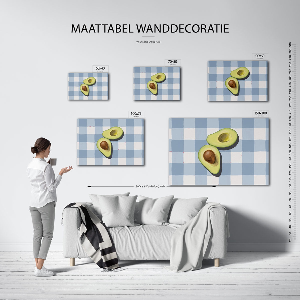 Avocado op geruit patroon – kunstwerk op canvas, dibond of plexiglas