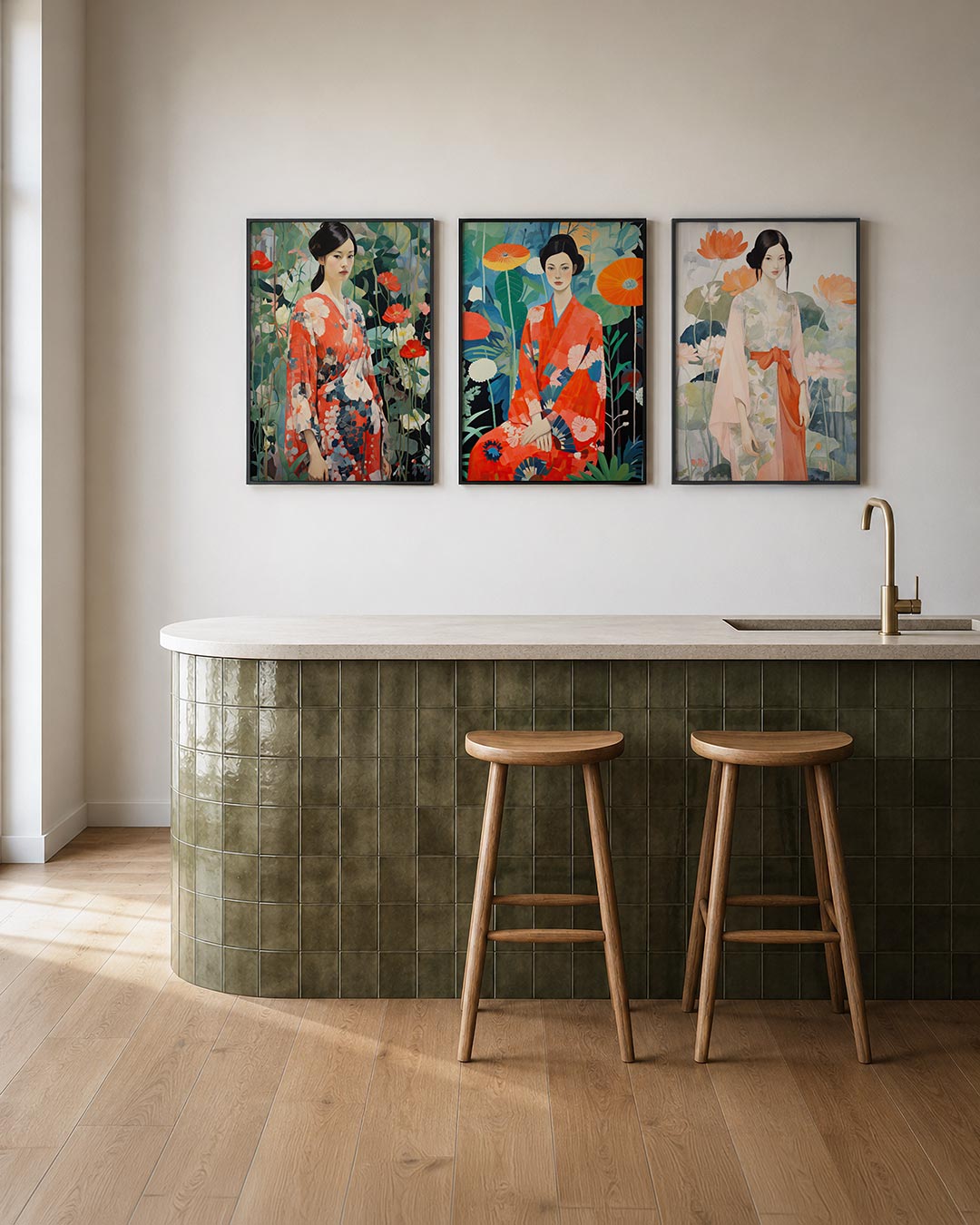 Bloemen en kimono posterset – tweede productweergave – een vrouw in een kleurrijke kimono omringd door levendige