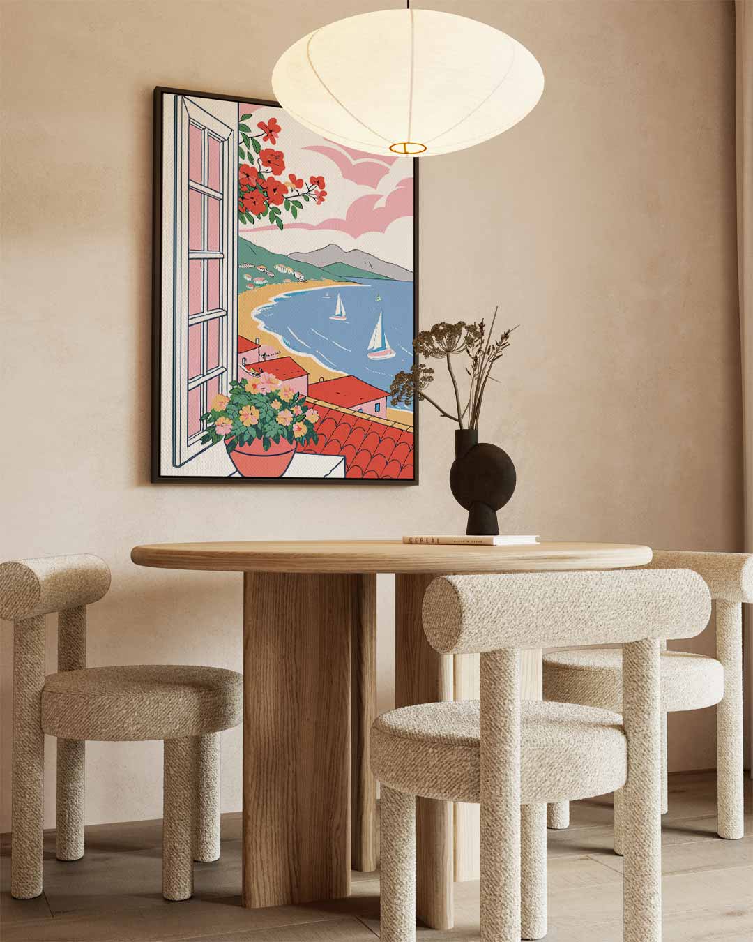 Uitzicht op een Zonnige Kust – staand kunstwerk voor modern interieur