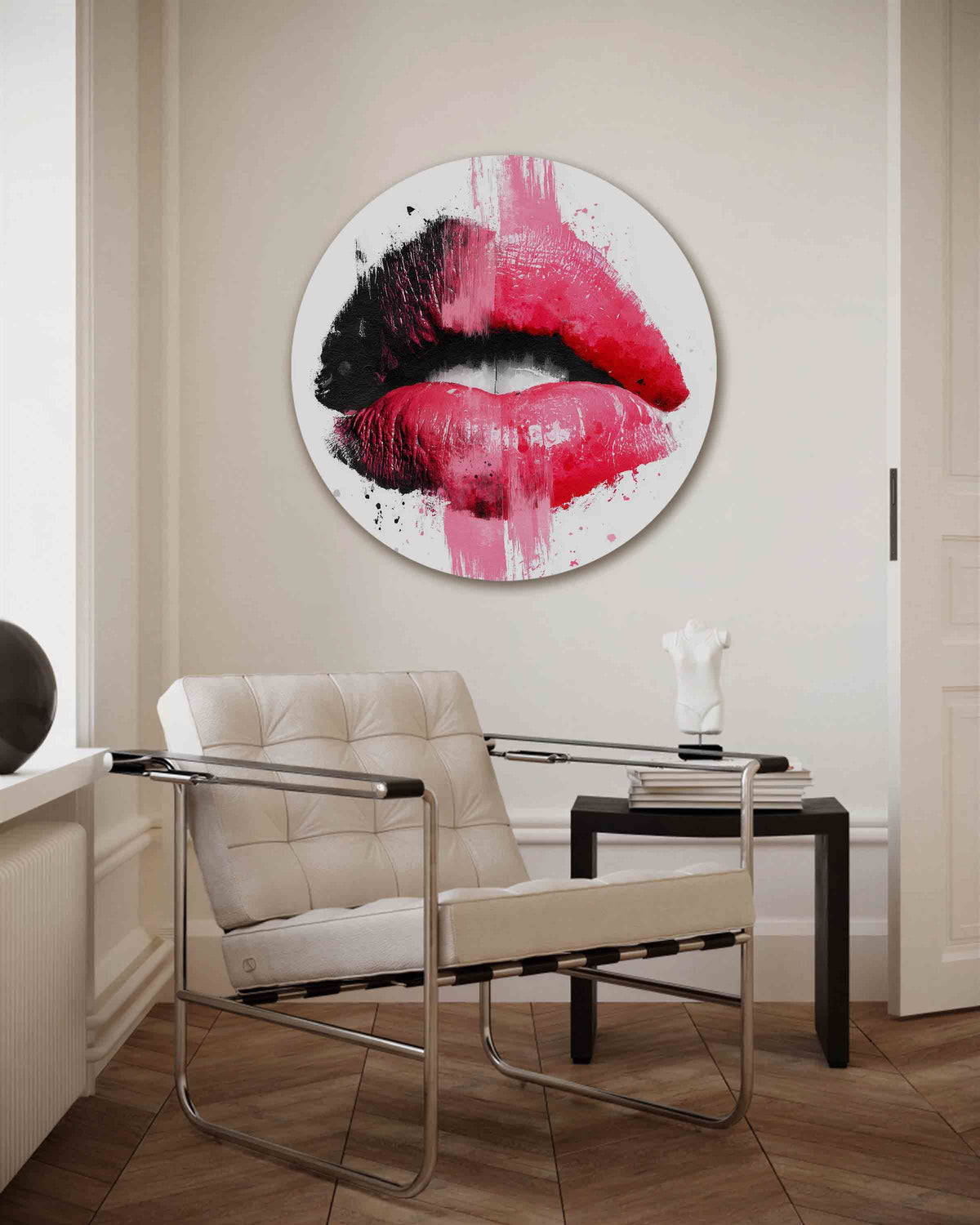 Rode lippen – Pop Art muurcirkel als ronde wanddecoratie