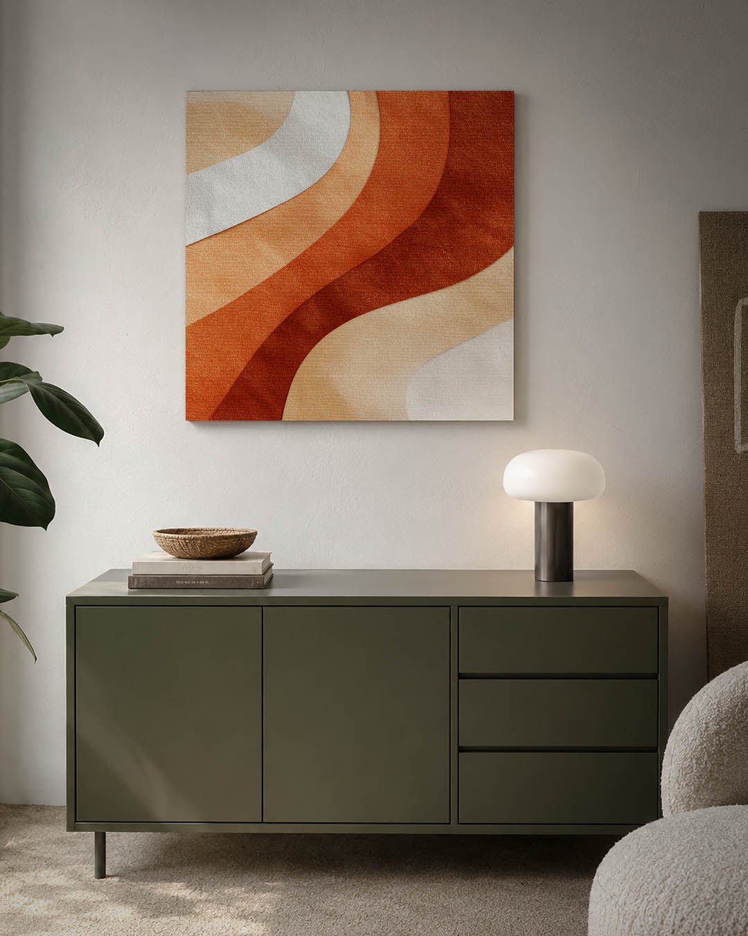 Golvende kleurencompositie kunstwerk – detailweergave – dit werk toont vloeiende, golvende lijnen in warme tinten. De kleuren