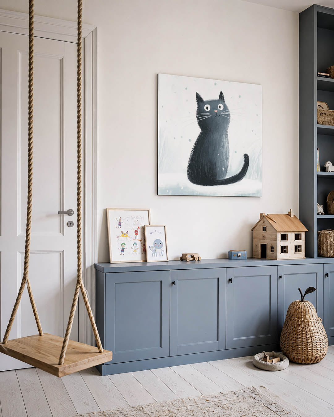 Speelse kat illustratie kunstwerk – vierkante wanddecoratie – dit kunstwerk toont een speelse kat met grote ogen tegen een