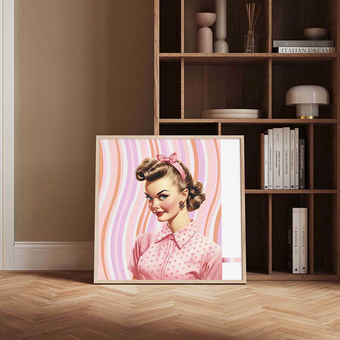 Vrouw met roze strik – kleurrijke Pop Art poster in vierkant formaat