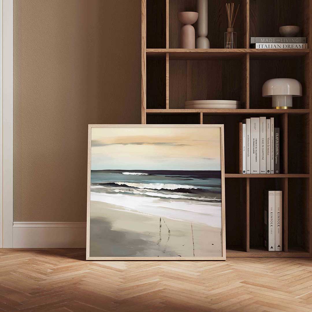 Golven en strand – vierkante wanddecoratie met kleur en vorm van WallArtistic