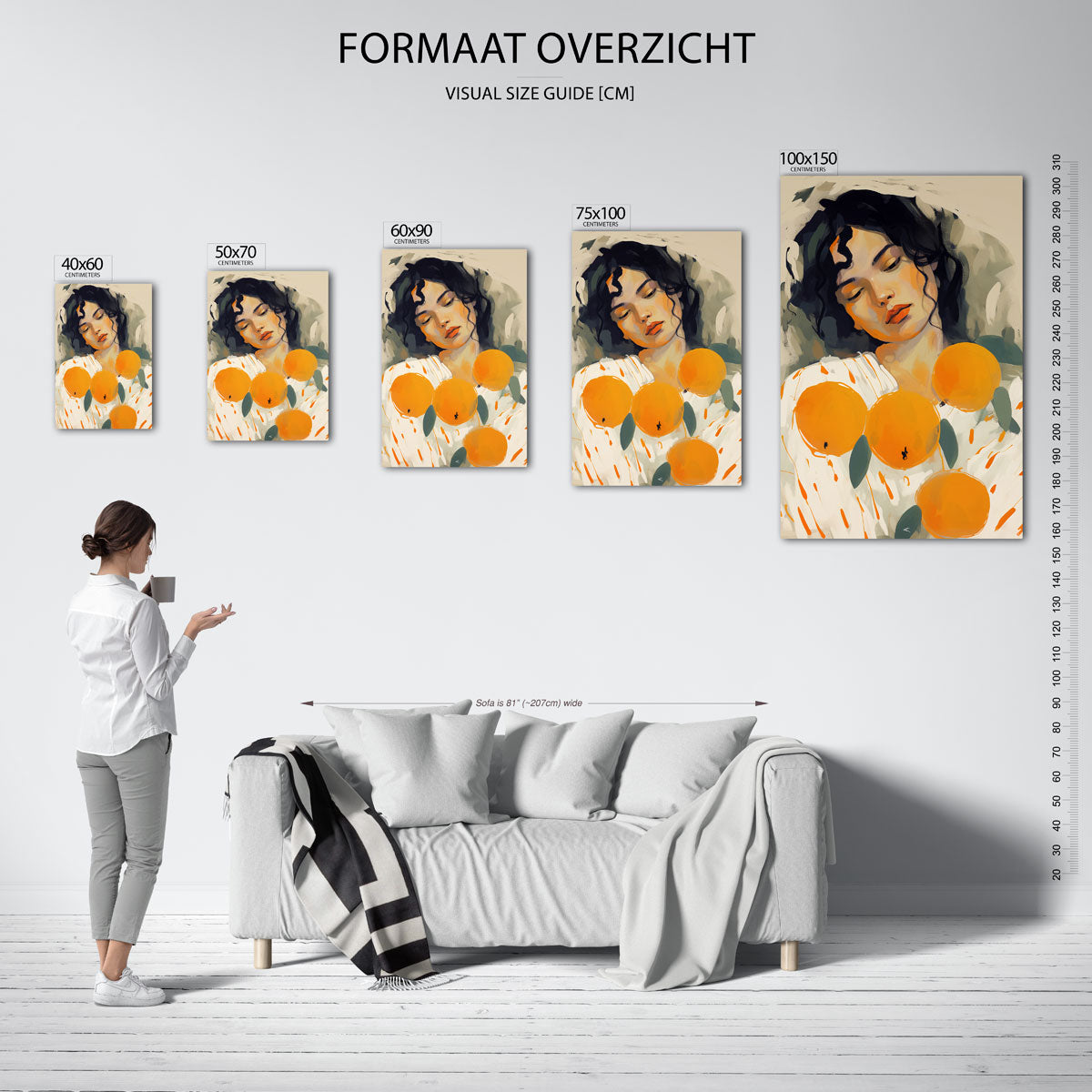 Dromerige vrouw en sinaasappels – staande wanddecoratie van WallArtistic