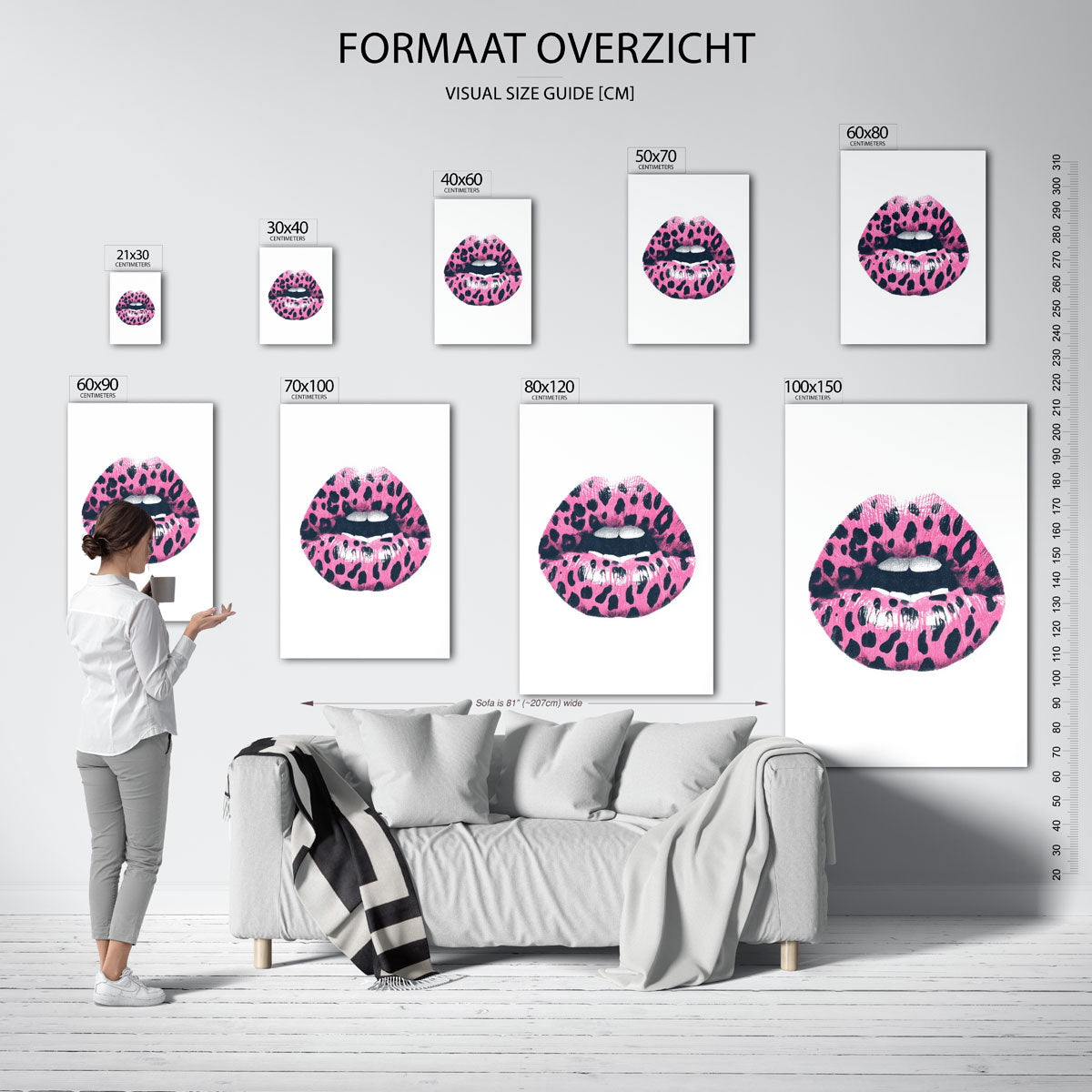 Roze lippen met stippen – staande muurposter in Pop Art stijl