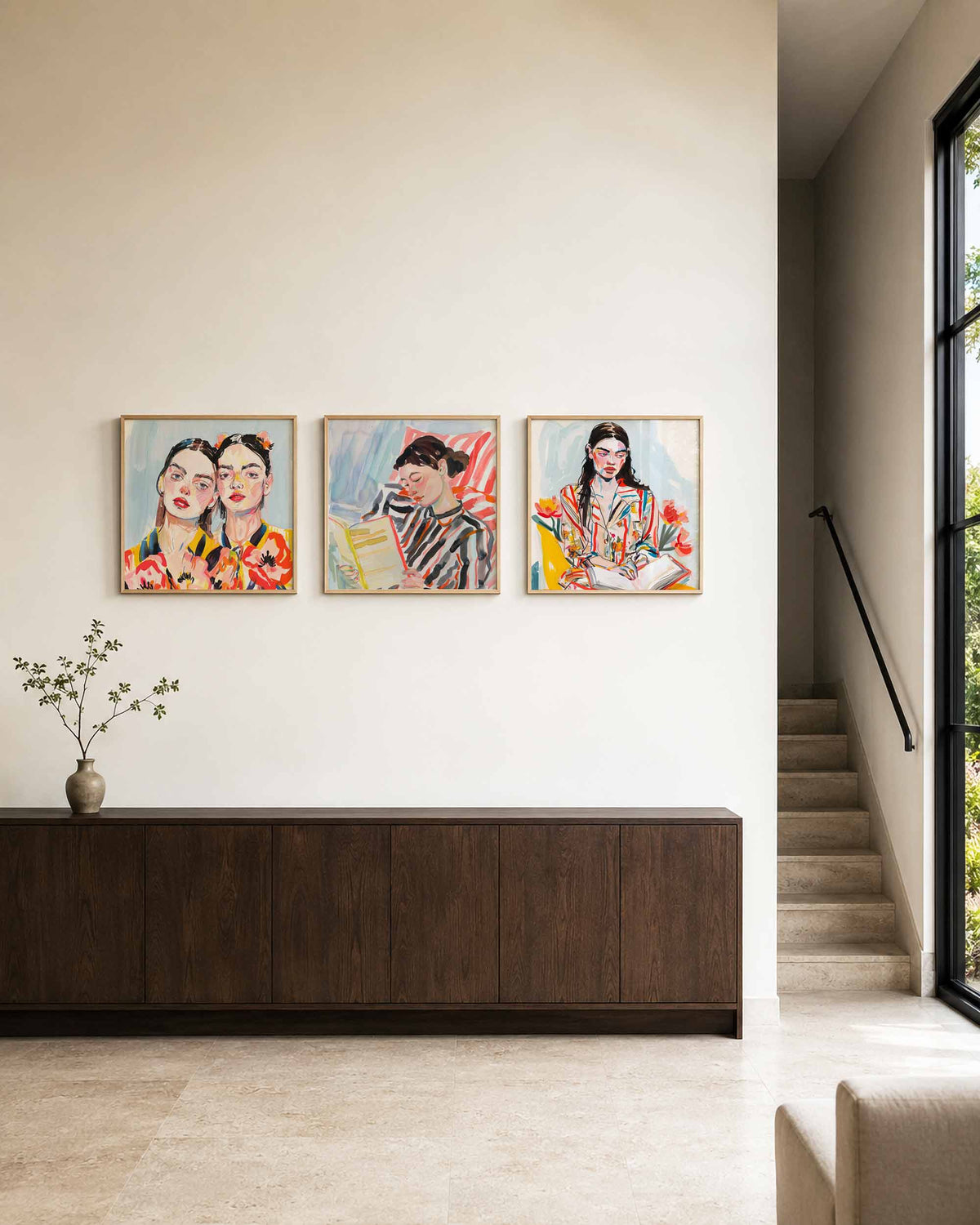 Interieurpresentatie van een driedelige vierkante posterset met kleurrijke modeportretten