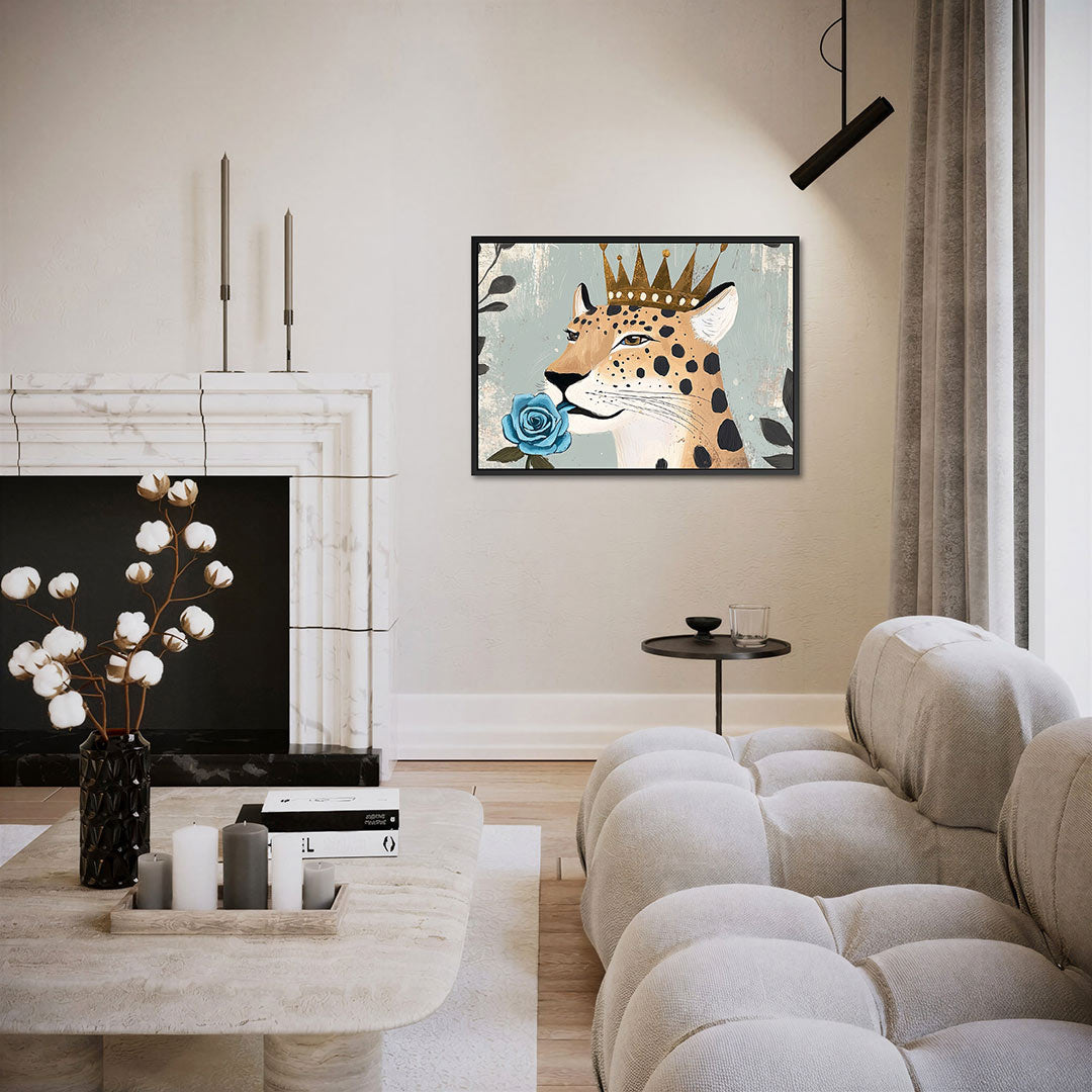 Kroonluipaard met roos – liggende wanddecoratie