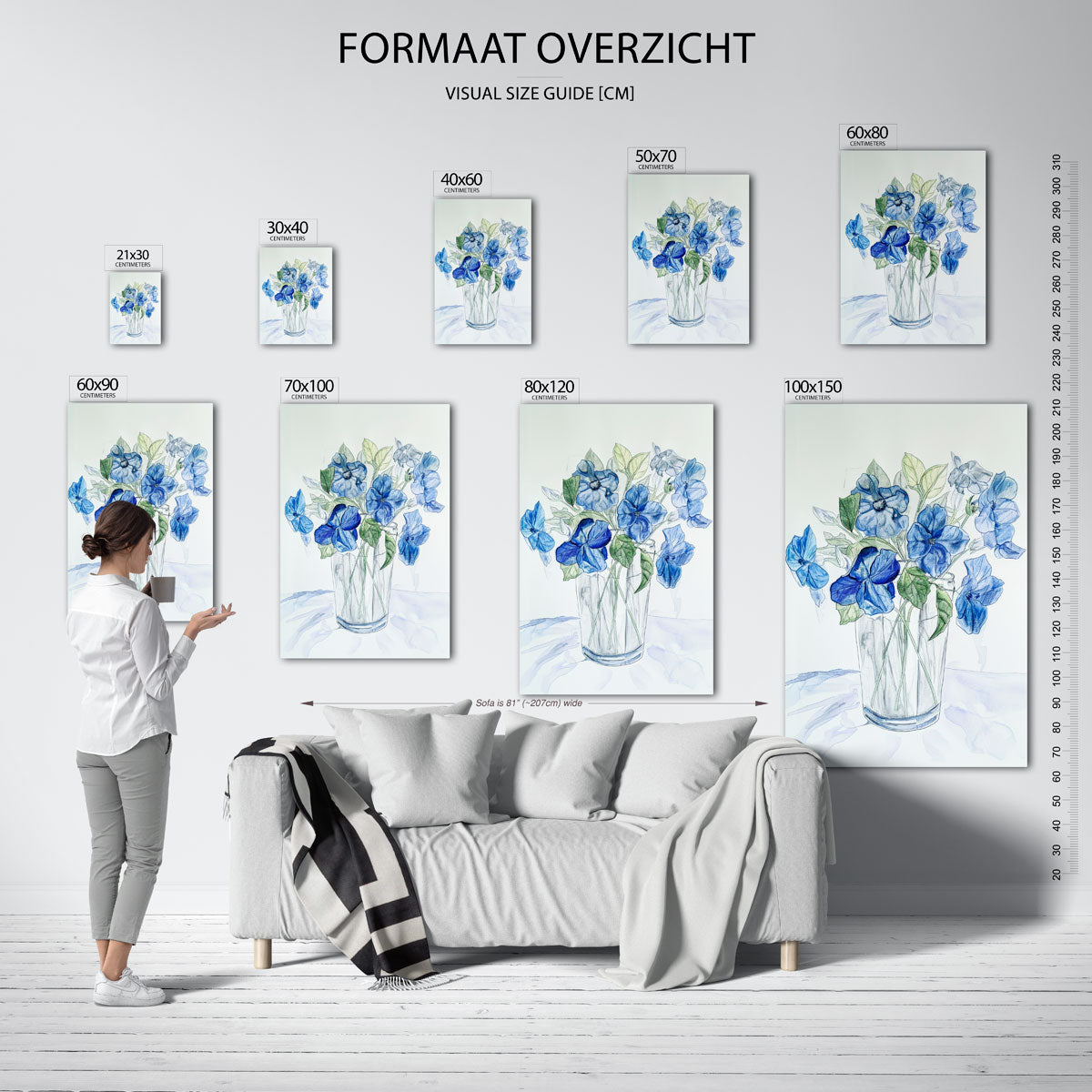 Blauwe bloemen in vaas – staande muurposter met kunst en design