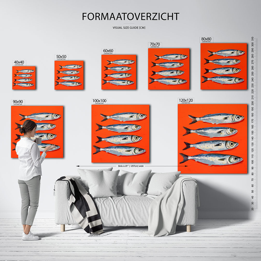 Vissen op fel oranje kunstwerk – sfeerbeeld – vier vissen liggen horizontaal op een fel oranje achtergrond. De vissen zijn