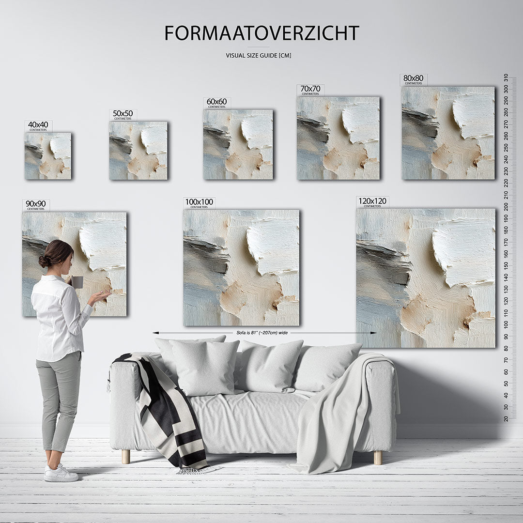 Textuur en neutraliteit kunstwerk – materiaalweergave – dit werk toont een subtiele mix van beige en wit met grijze accenten.