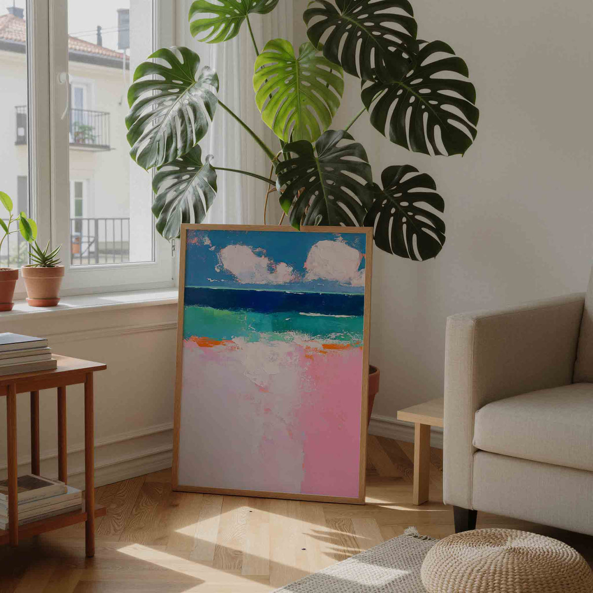 Landschap met roze en blauw – staande dromerige wanddecoratie van WallArtistic