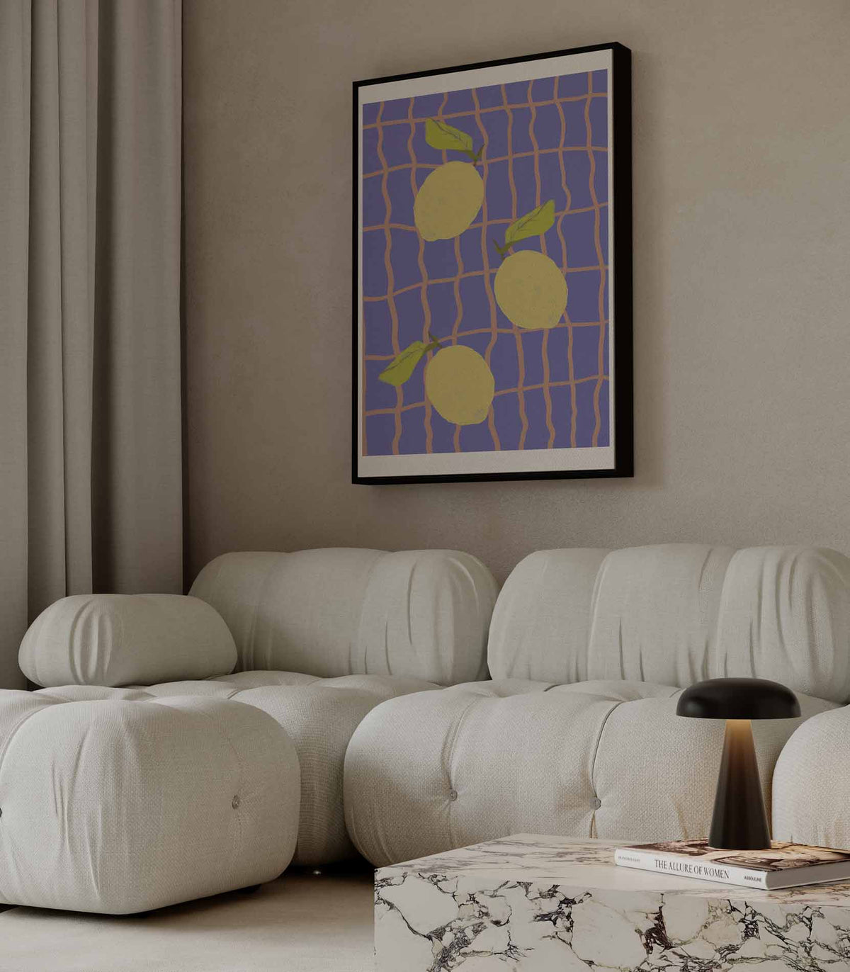 Citroenen op Blauw Ruitpatroon – plexiglas wanddecoratie in portret formaat