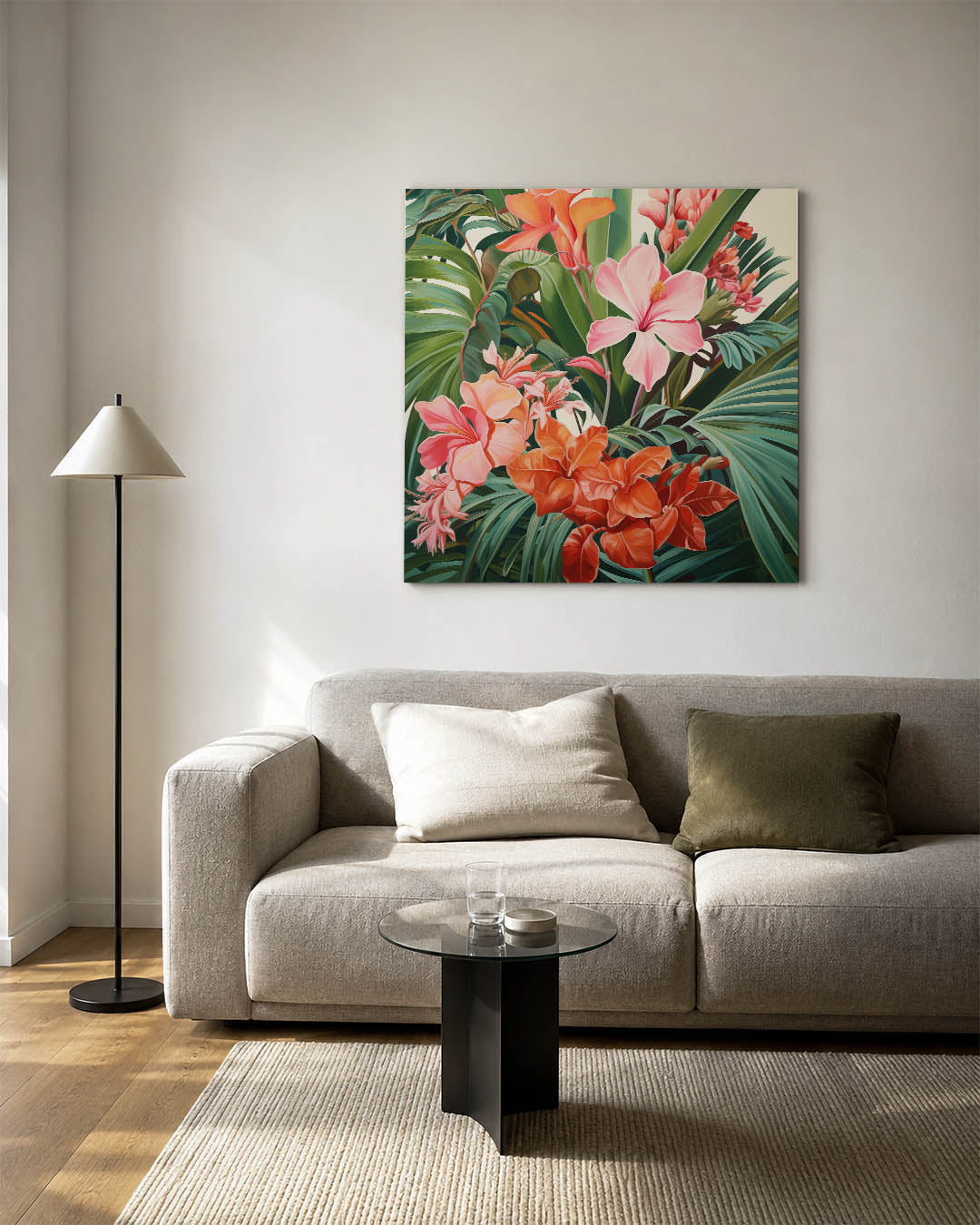 Bloemrijke jungle kunstwerk – detailweergave – dit kunstwerk toont een weelderige verzameling van kleurrijke bloemen en