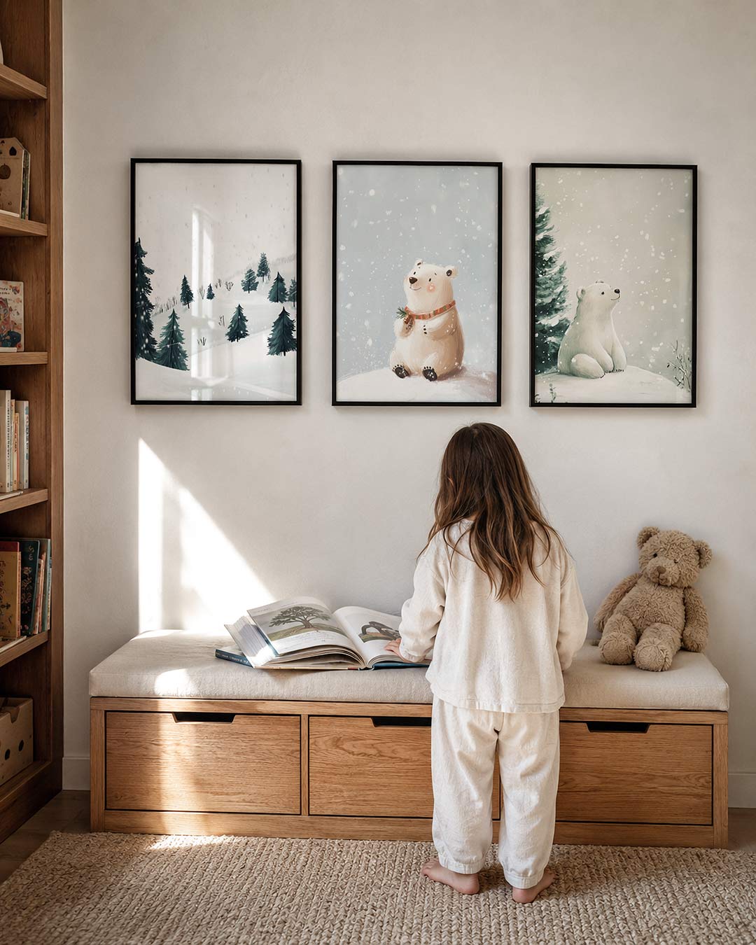 Winterse sereniteit posterset – derde productweergave – sneeuwvlokken dwarrelen zachtjes neer op een glooiend