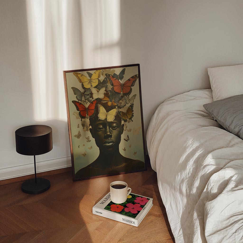 Vlinders in je Haar Kunstposter – staande Popart wanddecoratie van WallArtistic