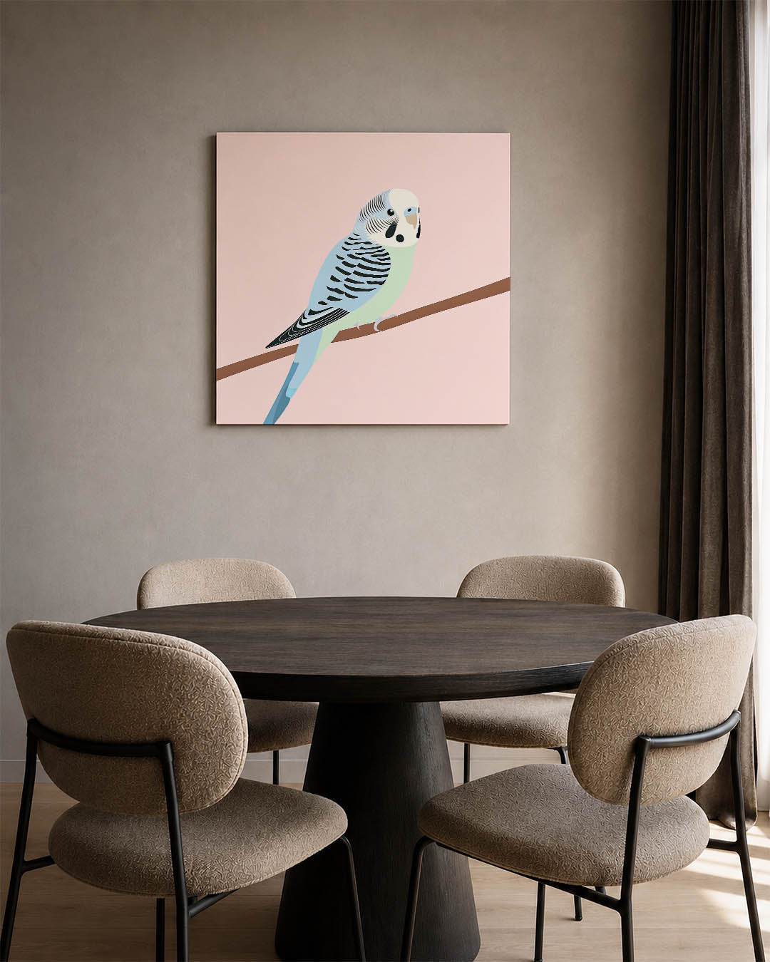 Vogel op tak kunstwerk – derde productweergave – dit kunstwerk toont een vogel met subtiele lijnen en zachte kleuren, zittend