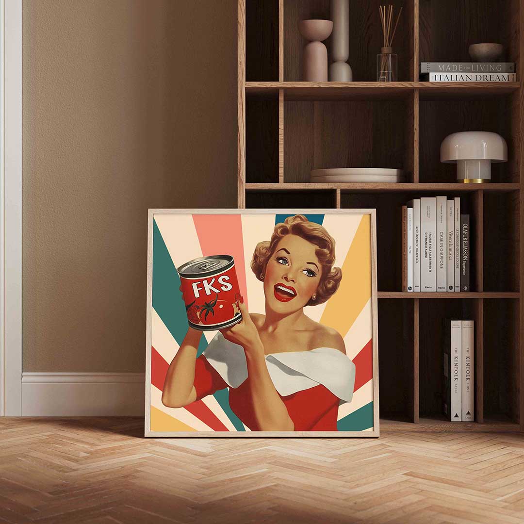 Vrouw met tomatenblik – kleurrijke Pop Art poster in vierkant formaat