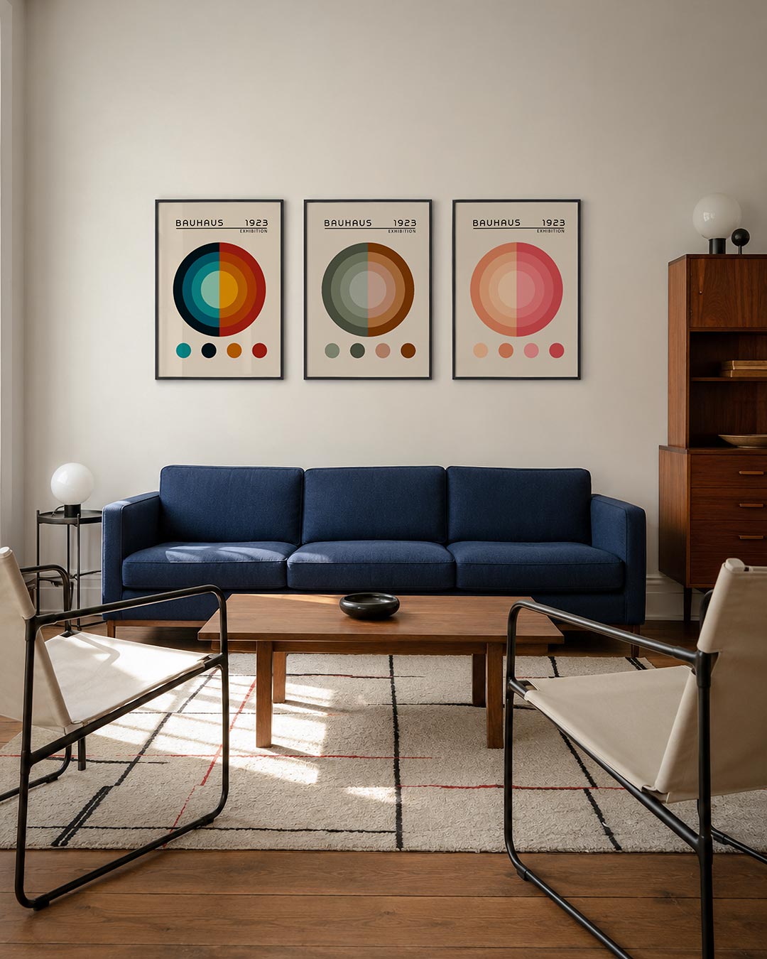 Cirkelvormen en kleur driedelige posterset – deze posterset in drie delen toont een harmonie van cirkelvormen in blauw