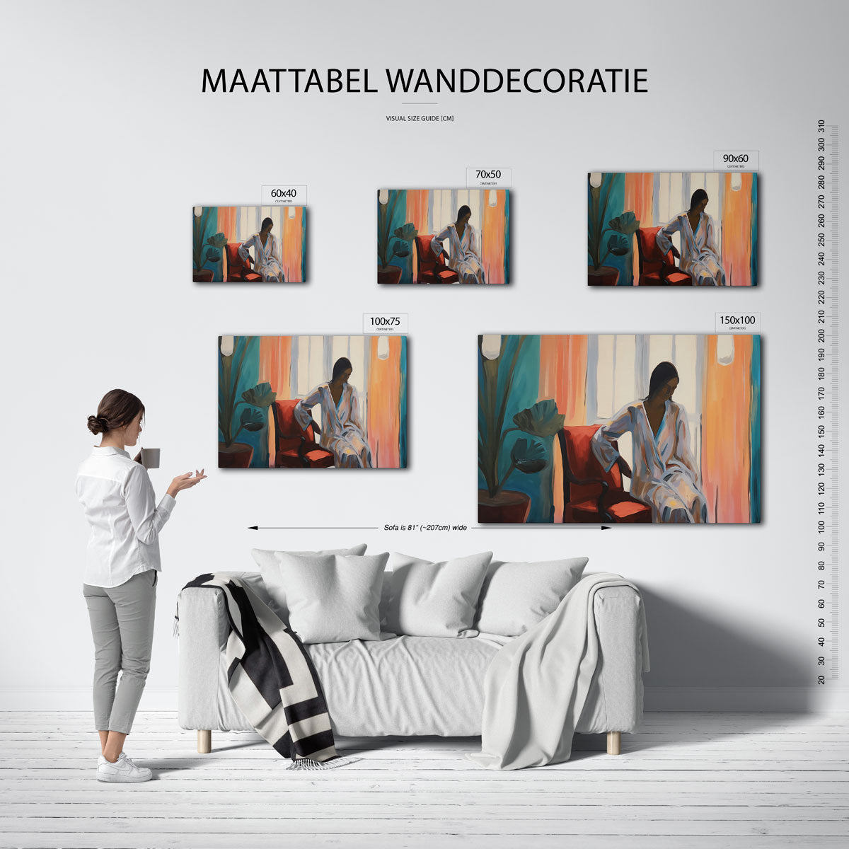 Vrouw in interieur – moderne liggende wanddecoratie