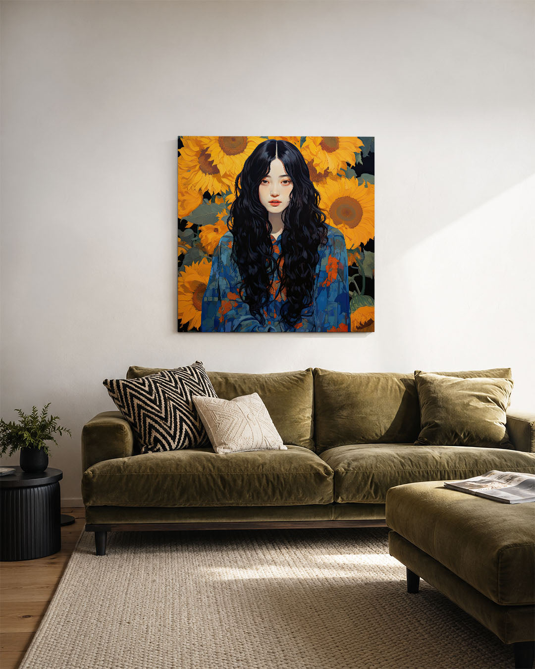 Vrouw met zonnebloemen kunstwerk – derde productweergave – dit werk toont een vrouw met lange donkere haren, omgeven door
