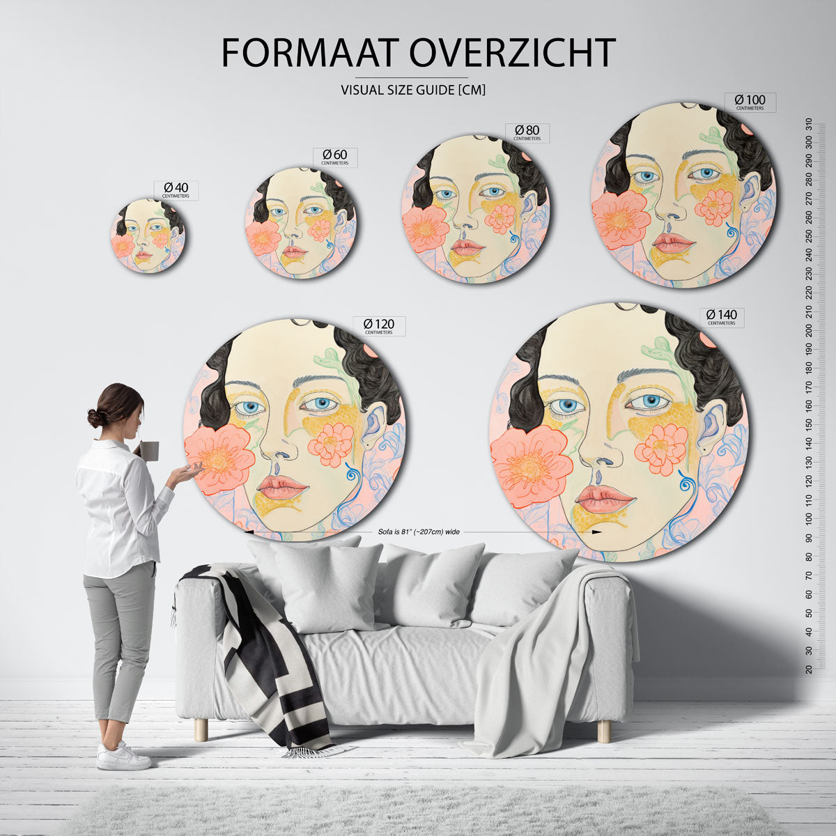Vrouwelijk portret met bloemen – abstracte wandkunst met textuur als muurcirkel