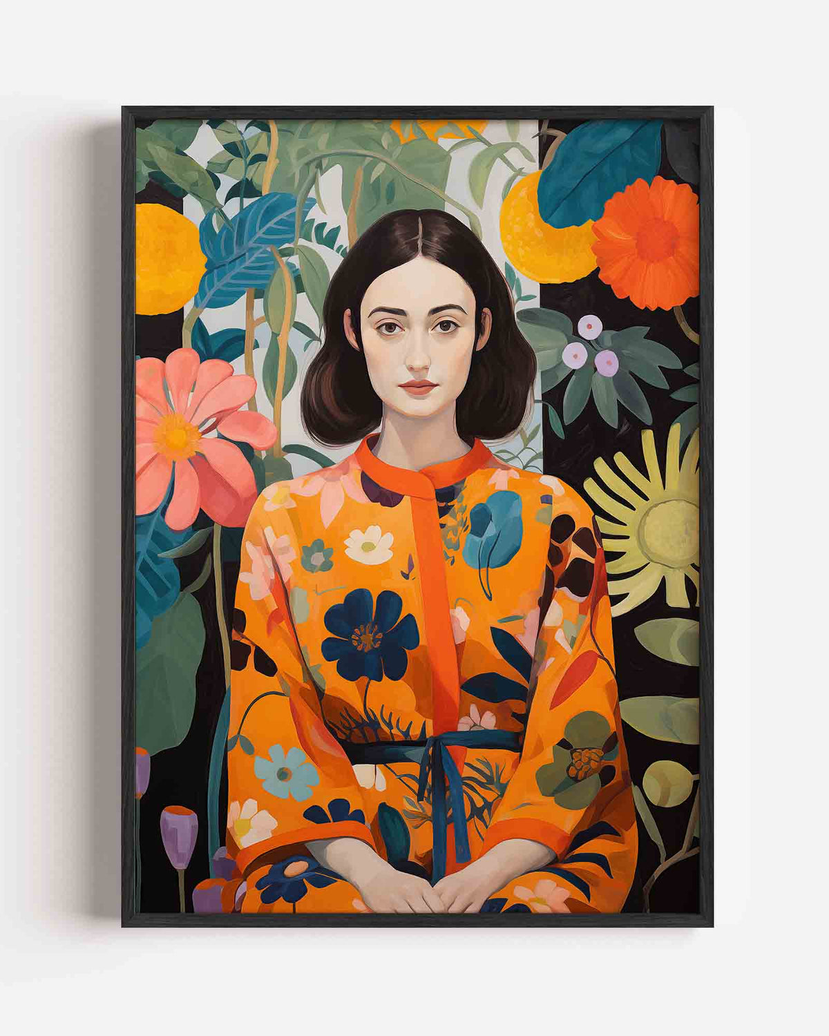 Vrouw in bloemenjurk – botanische portret poster als wanddecoratie