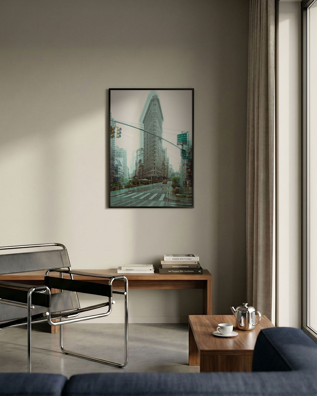 Stedelijke vervaging poster – detailweergave – deze poster toont een gebouw in een drukke stadsscène met een vervagend