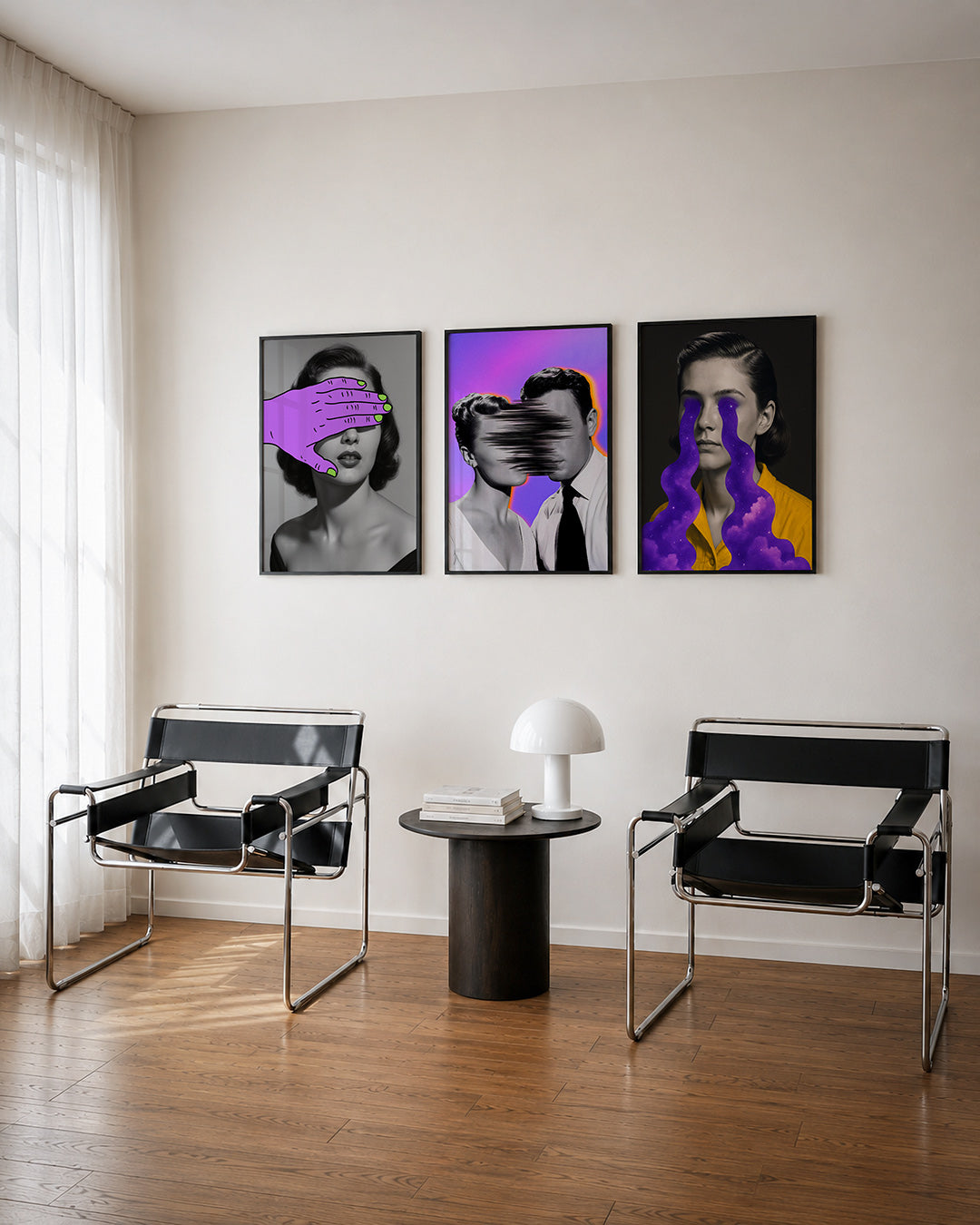 Kleurrijke hand driedelige posterset – een zwart-wit portret met een opvallende paarse hand die de