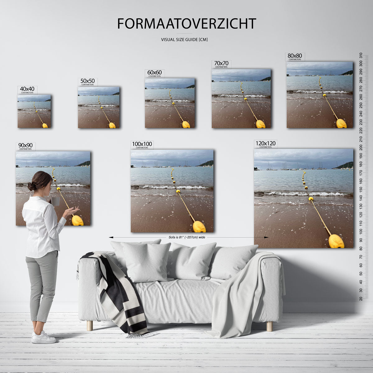 Strand en boeien kunstwerk – materiaalweergave – deze kunstwerk toont een strand met een lijn van gele boeien die naar de