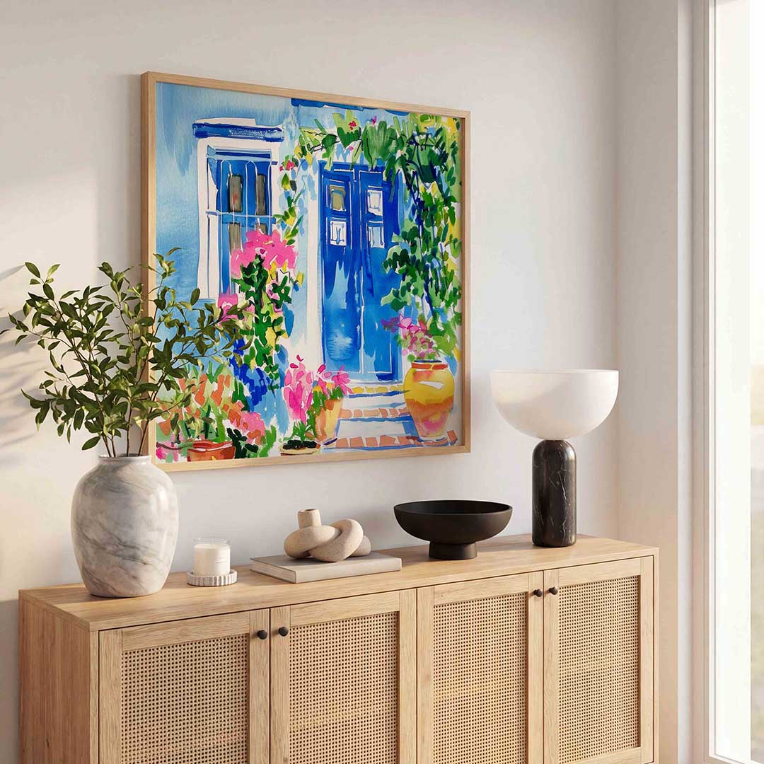 Blauwe deur en bloemen – illustratie poster in vierkant formaat