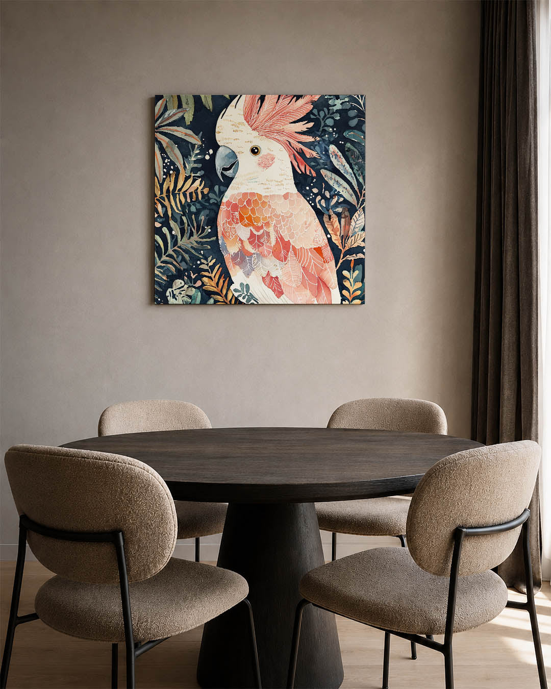 Vrolijke vogel illustratie kunstwerk – derde productweergave – dit werk toont een kleurrijke vogel omringd door weelderige