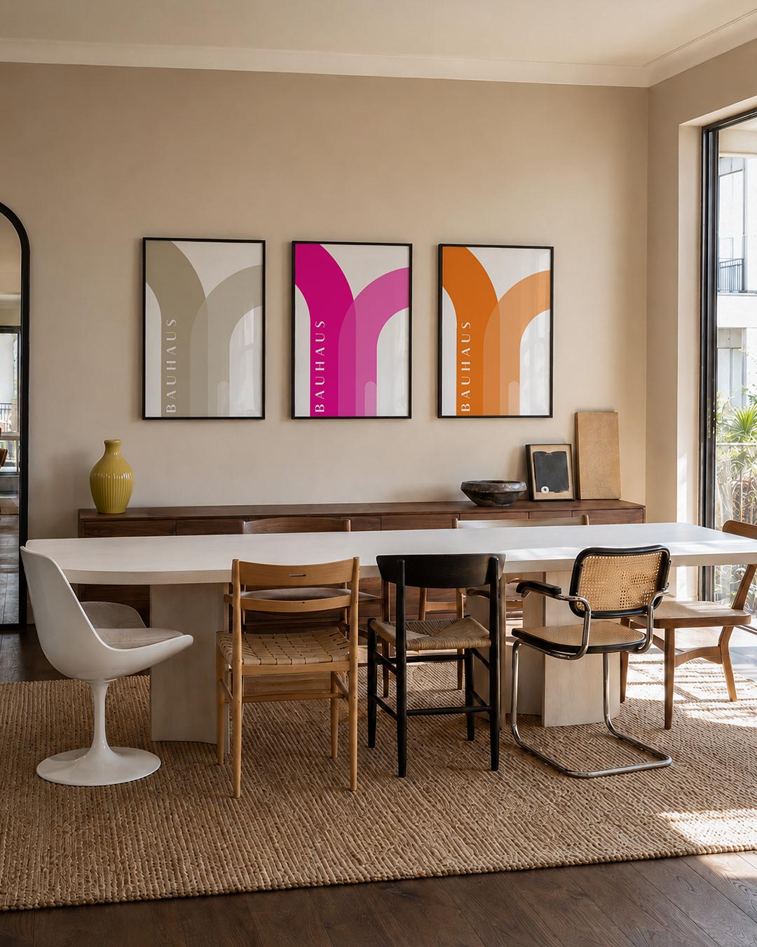 Kleurvlakken en lijnen posterset – tweede productweergave – deze posterset in drie delen toont zachte beige bogen en lijnen