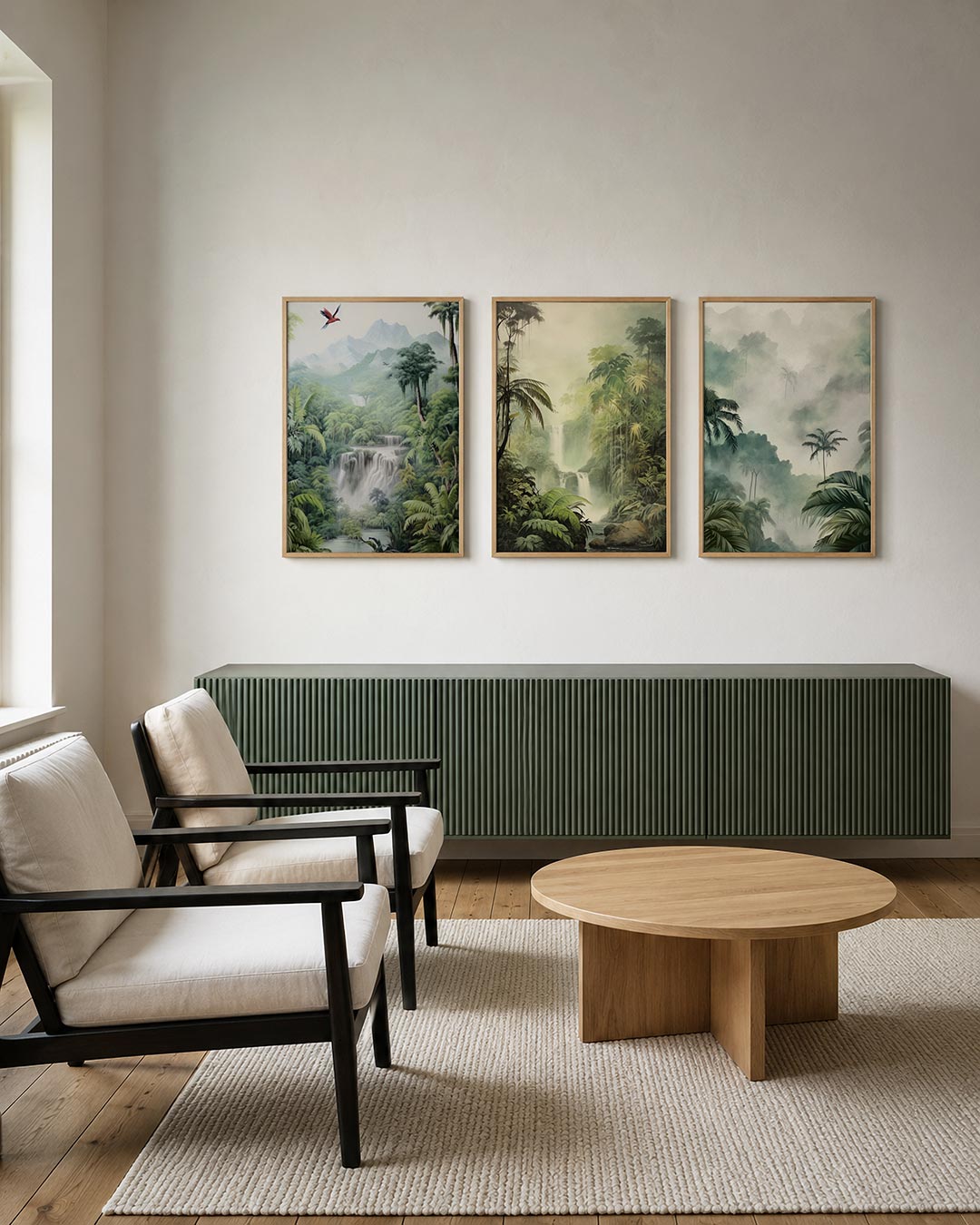 Natuurlijke sereniteit posterset – tweede productweergave – deze posterset in drie delen toont een weelderig groen