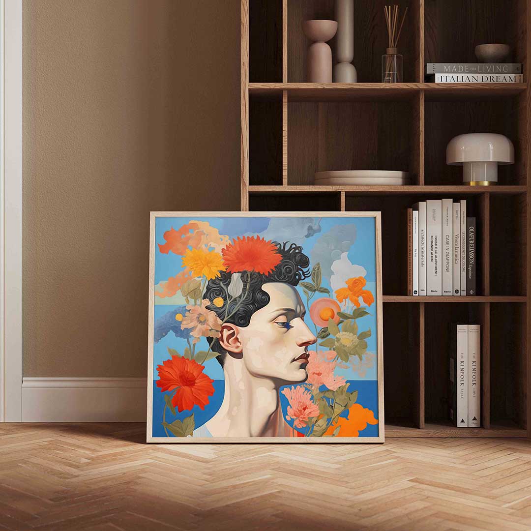 Bloemen en profiel – kleurrijke vierkante wanddecoratie van WallArtistic